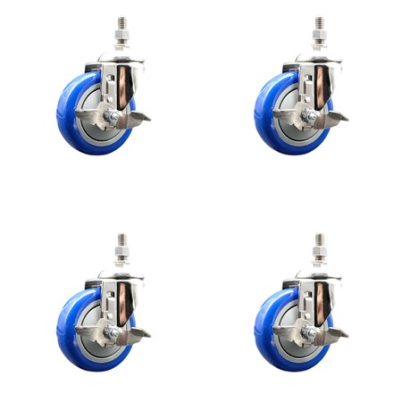 Service Caster 4 Inch 316SS Blue Polyurethane Swivel 12mm Threaded Stem Caster Set Brake SS316TS20S414-PPUB-BLUE-TLB-M1215-4